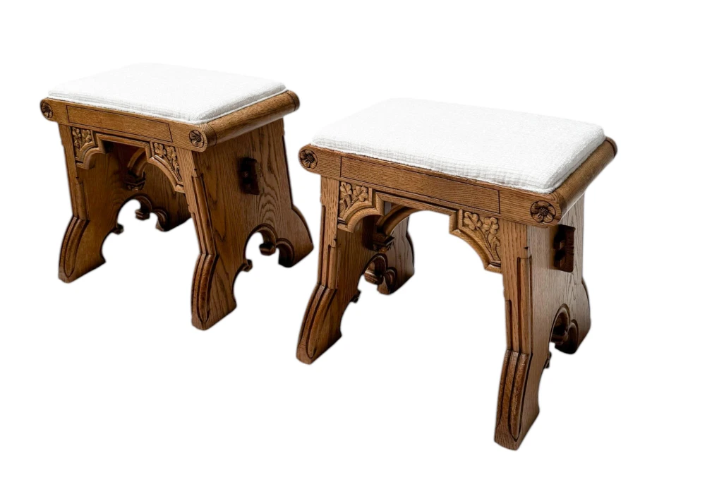 Arts & Crafts Hand-Carved Oak Stools with Boucle Upholstery, 1900s